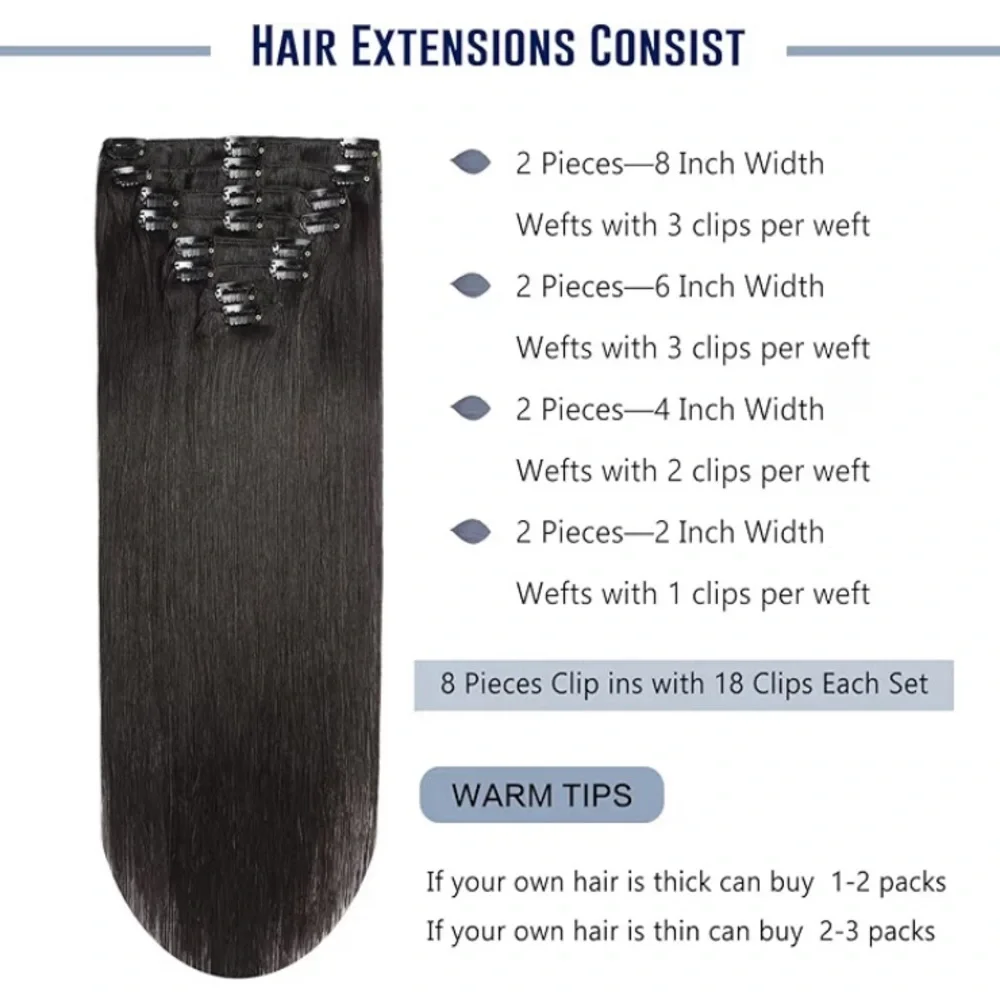 Natural Black Double Weft Clip In Remy Extensions 100% Human Hair #1B  8Pcs 120g